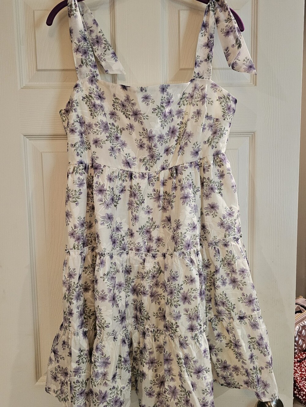 TCEC White Sundress with Lavender Floral Print and Tie Straps
